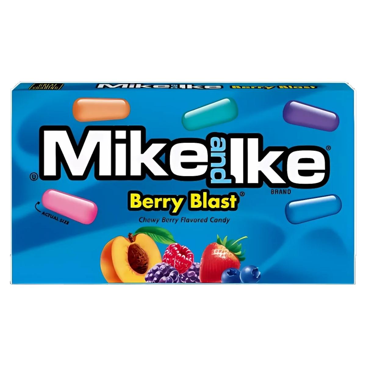 Savor the explosion of berry flavors with a 120g pack of Mike and Ike - Berry Blast candy. This eye-catching package features images of various berries and fruits set against a dynamic blue backdrop, containing an array of colorful candies that guarantee a delightful taste experience.