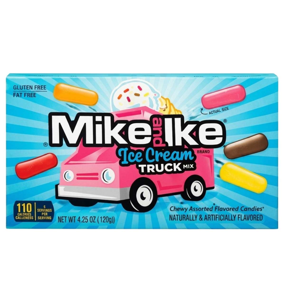 Mike and Ike - Chewy Mix Icecream Truck Candies (120g) features assorted colorful chewy candies with a pink ice cream truck illustration on a blue background.