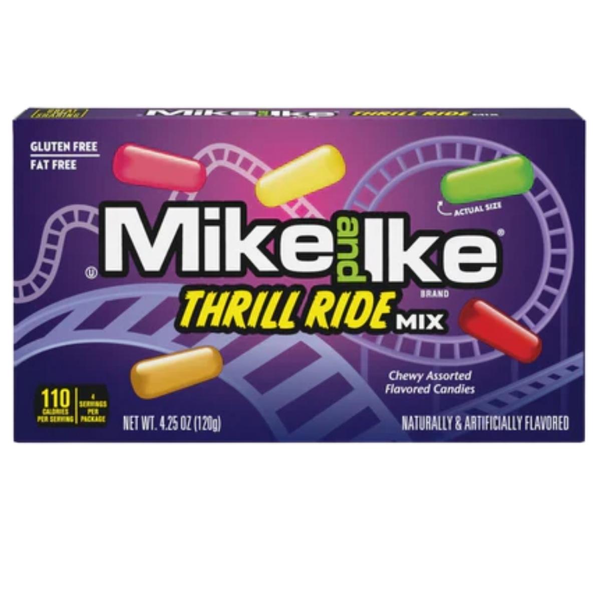 Box of Mike and Ike - Chewy Mix Thrill Ride Candies (120g), featuring assorted chewy candies in a colorful box with roller coaster-themed imagery by Mike and Ike.
