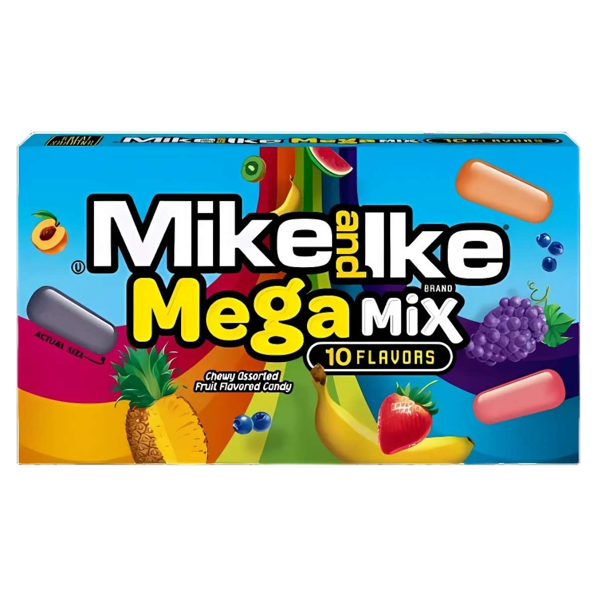 A 120g box of Mike and Ike - Mega Mix candy offers a fruity flavor explosion with 10 enticing tastes. The vibrant packaging displays images of fruits such as banana, strawberry, and grape against a colorful backdrop, encapsulating the essence of this delightful treat.