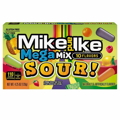 The 120g box of Mike and Ike Mega Mix Sour candy offers 10 fruity flavors with packaging that boldly states "SOUR" alongside vibrant images of tangy fruit candy.