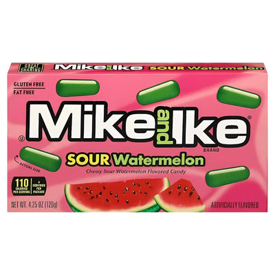 Box of Mike and Ike Mega Mix Sour Watermelon, 120g, featuring green candies and watermelon slice images, ideal for satisfying your sweet tooth with fruity goodness.