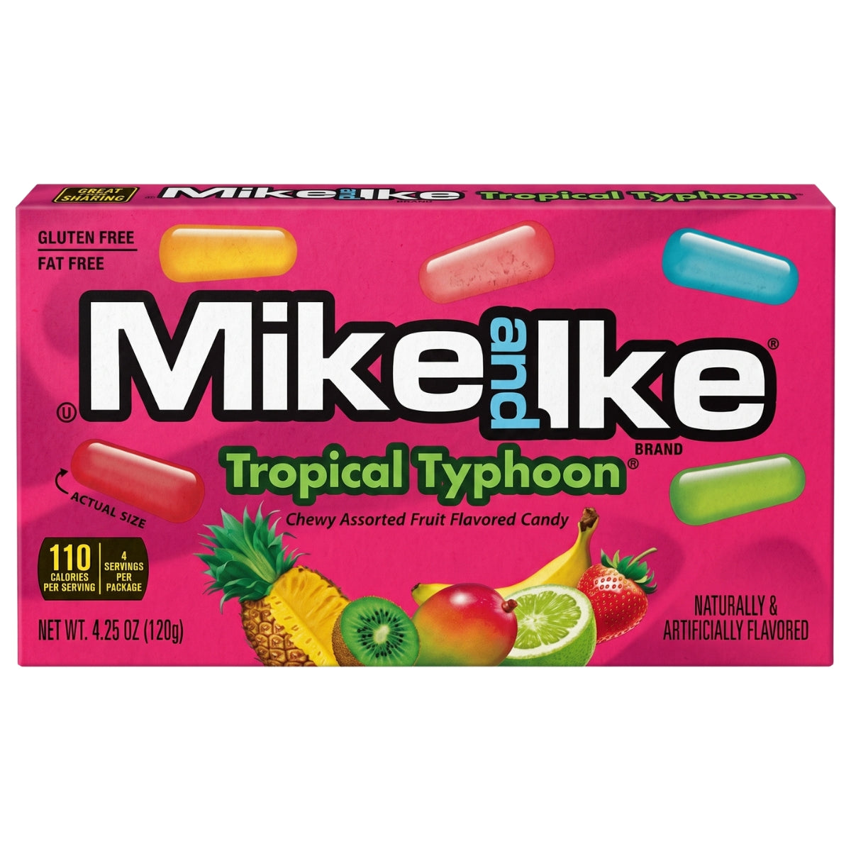 A box of Mike and Ike Tropical Typhoon chewy assorted fruit flavored candy, featuring a bright pink background with colourful candy illustrations and fruit graphics.