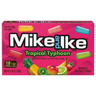 A box of Mike and Ike Tropical Typhoon chewy assorted fruit flavored candy, featuring a bright pink background with colourful candy illustrations and fruit graphics.