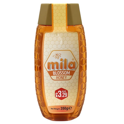 Enjoy the sweet taste of Mila - Blossom Honey - 350g, in a squeeze bottle with a gold cap and hexagon pattern. Pure honey from Mila—yours for just £3.29.
