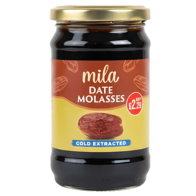 Mila - Cold Extracted Date Molasses (380g) features a gold lid, brown and yellow label, “Cold Extracted” text, and is priced at £2.29—a delicious natural sweetener for your kitchen.