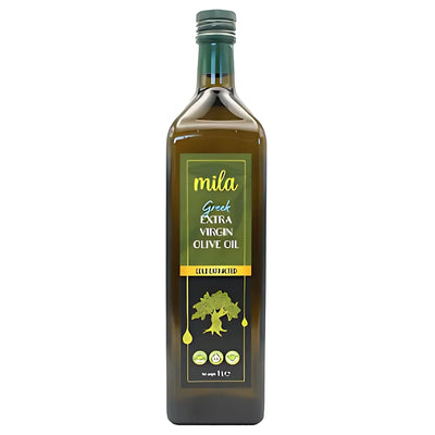 A 1L bottle of Mila Greek Extra Virgin Olive Oil with a dark green label and cap, featuring product details and olive branch graphics on the front.