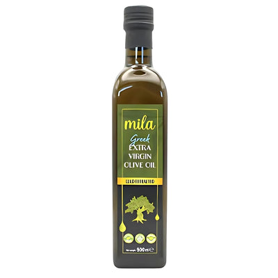 A 500ml bottle of Mila Greek Extra Virgin Olive Oil, with a black cap and green label featuring a tree, produced by Mila in the Peloponnese using cold extraction for premium quality.