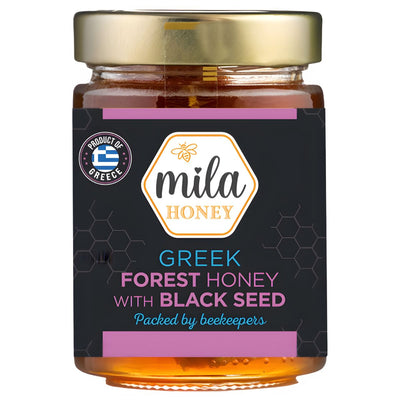 Mila - Greek Forest Honey with Black Seed (450g) is antioxidant honey from Greece, packed by beekeepers, featuring a gold lid and black label.