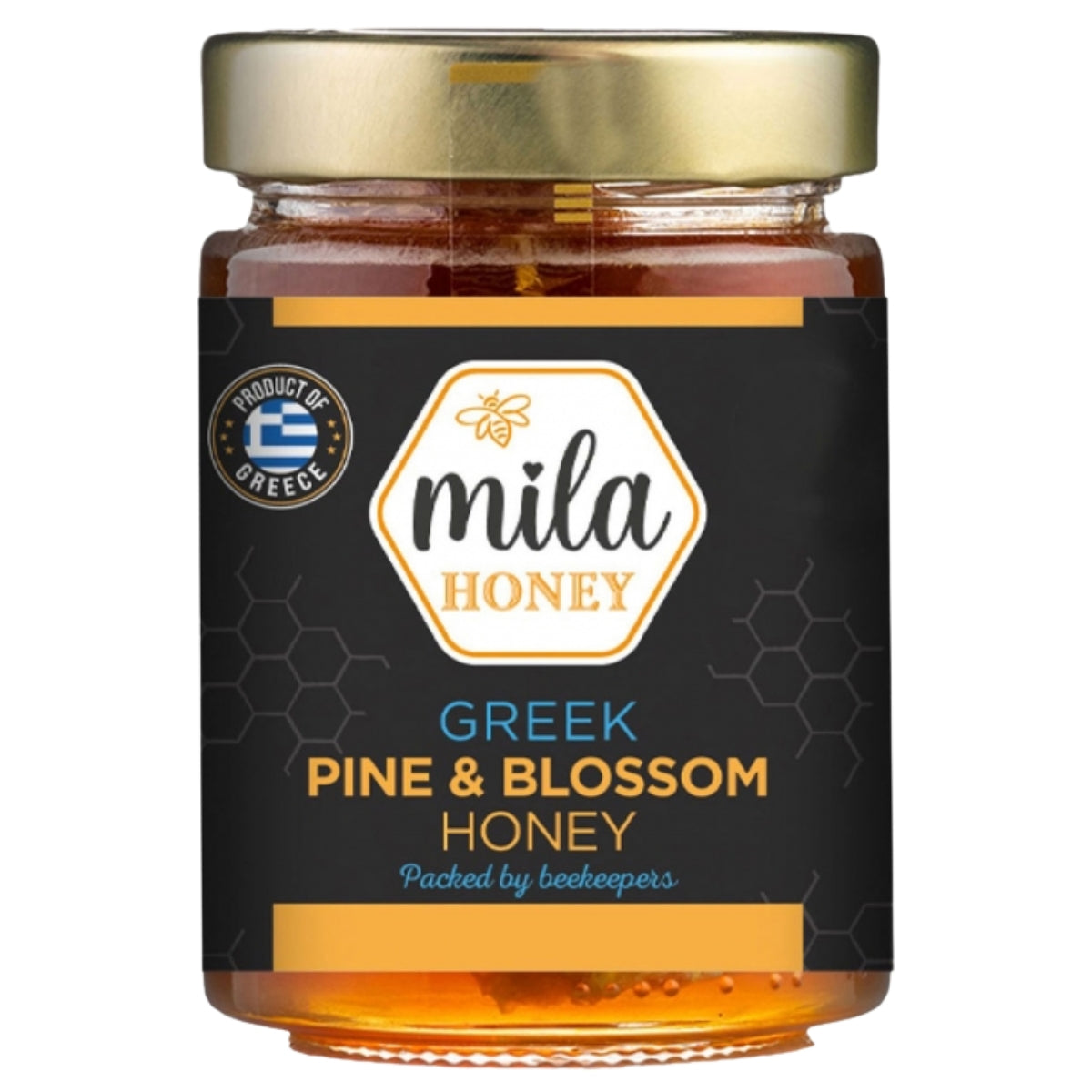 A 450g glass jar of Mila Greek Pine & Blossom Honey, featuring a gold lid and a black label with product and origin details.