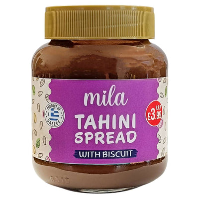 A 340g jar of Mila - Tahini Spread With Biscuit, with a purple label and brown plastic lid, priced at £3.99—ideal for anyone craving smooth tahini blended with biscuit flavor.