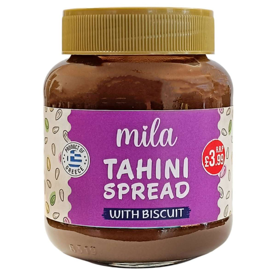 A 340g jar of Mila - Tahini Spread With Biscuit, with a purple label and brown plastic lid, priced at £3.99—ideal for anyone craving smooth tahini blended with biscuit flavor.