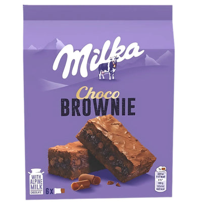 Front of a Milka - 6 Choco Brownie Slices - 150g box featuring two rich chocolate brownies, caramel pieces, and the Milka logo with an alpine landscape—a tasty chocolate treat for any occasion.