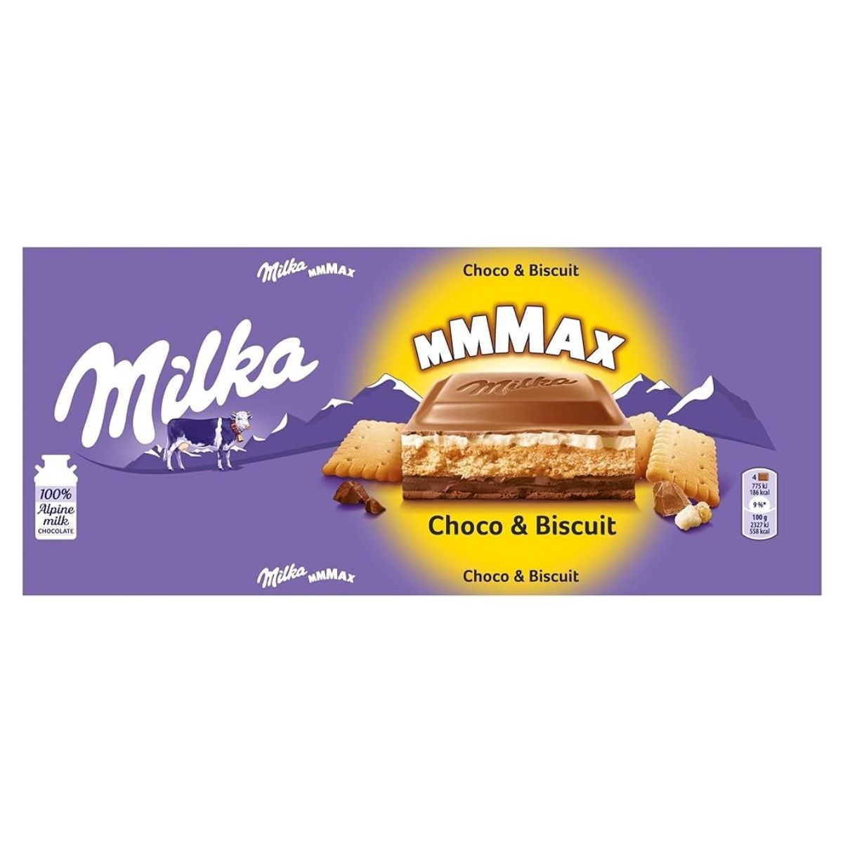 The Milka - Mmmax Alpine Milk Chocolate And Biscuit Chocolate Bar packaging highlights the blend of Alpine milk chocolate and biscuit pieces with a purple background, featuring mountains and the iconic cow.