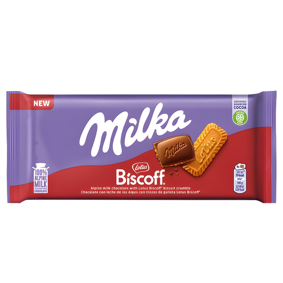 The Milka - Biscoff Chocolate Bar (90g) packaging showcases tempting caramel biscuit pieces from Biscoff, with the Milka and Biscoff logos displayed on a striking purple and red wrapper.
