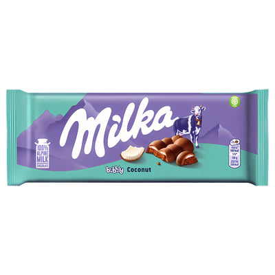 Milka Bubbly Coconut Chocolate Bar 100g by Milka features a vibrant wrapper with cow, coconut, and chocolate graphics—ideal for fans of creamy milk chocolate combined with coconut flavor.