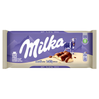 The Milka Bubbly White Chocolate Bar (95g) features Milka's signature purple packaging with a cow, mountains, and Alpine milk chocolate filled with aerated white chocolate.