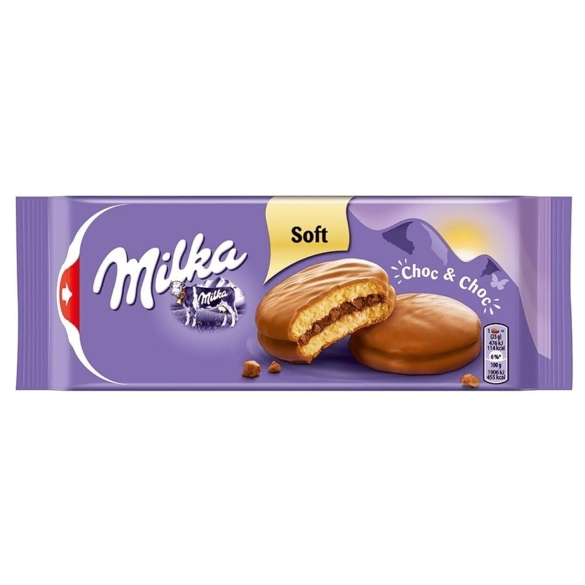 A package of Milka - Choc & Choc Sponge Cakes - 150g with a chocolate filling.