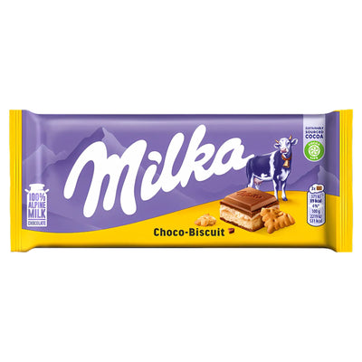 The Milka Choco-Biscuit Chocolate Bar (100g) blends rich Milka chocolate with biscuit pieces, wrapped in iconic purple and yellow—ideal for chocolate biscuit fans.