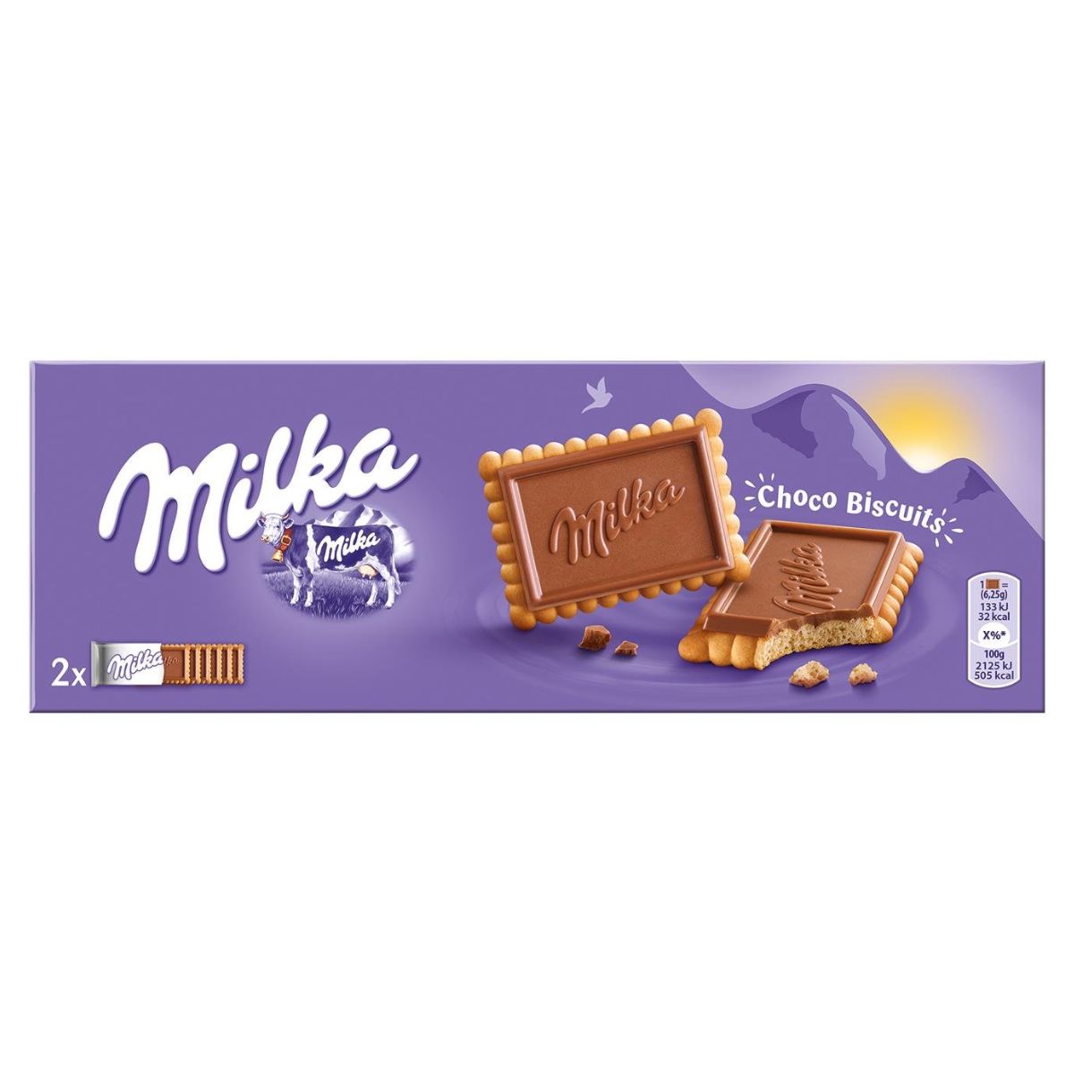 Milka - Choco Biscuit - 150g packaging showcases chocolate-covered biscuits set against a purple background adorned with mountain imagery.