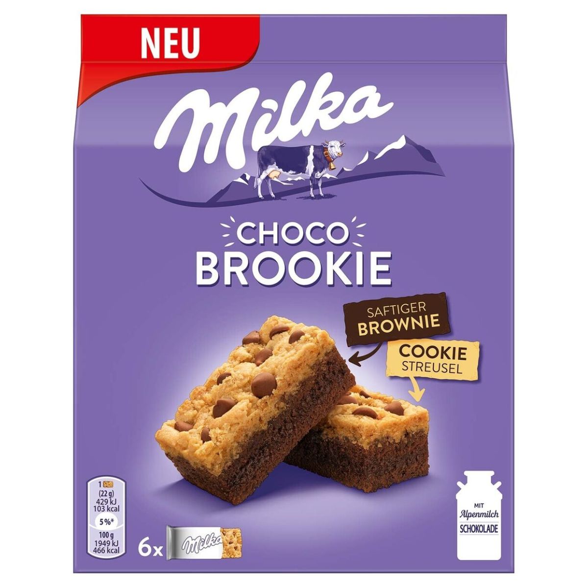 The Milka - Choco Brookie - 132g package features a purple background adorned with images of layered brownie and cookie delights. It highlights the phrases "saftiger brownie" and "cookie streusel," while each treat is wrapped in smooth milk chocolate for an indulgent experience.