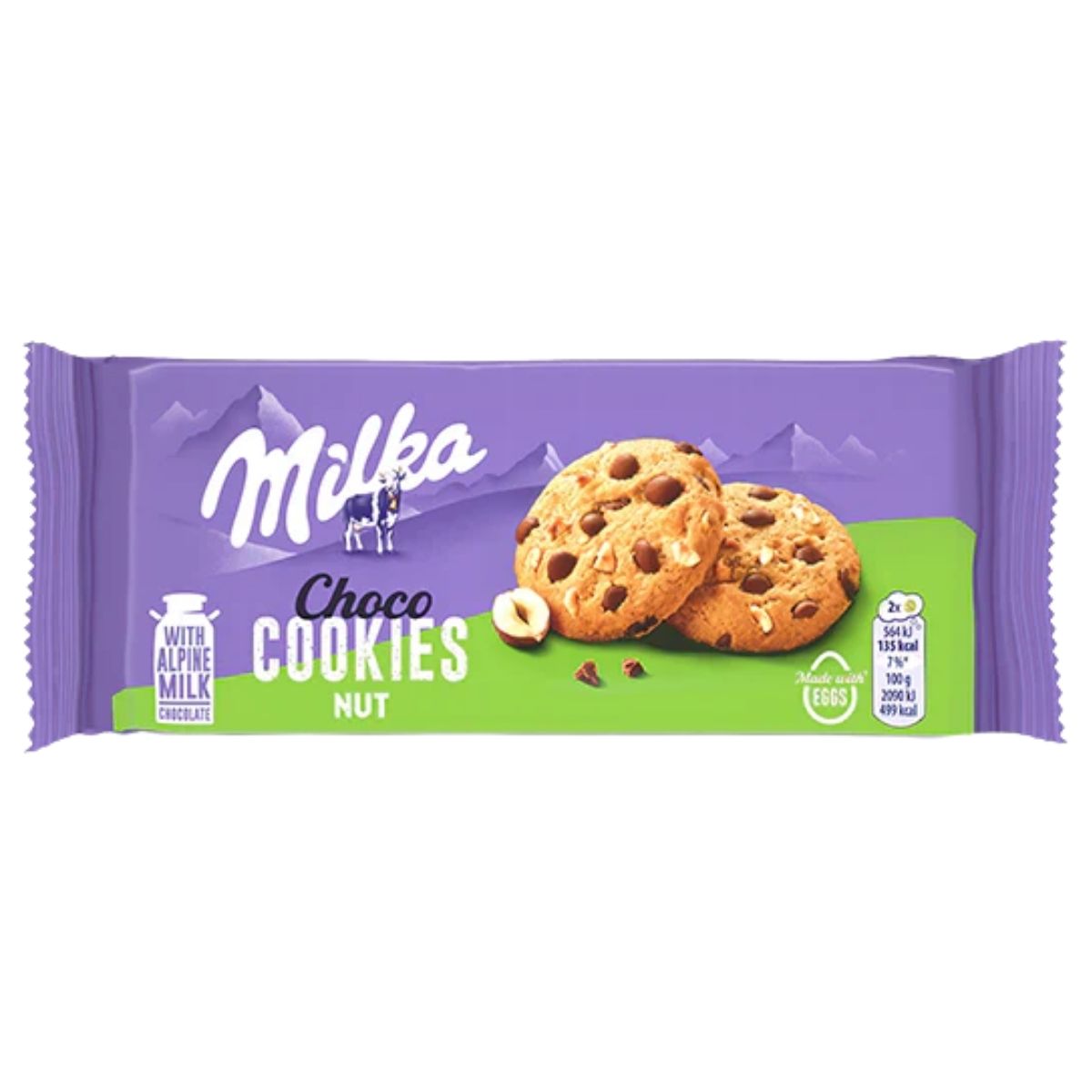 Milka Choco Cookies Nut (135g) features two crunchy cookies with chocolate chips and hazelnuts, wrapped in Milka's signature purple and green packaging. Made with wheat flour for a delicious bite.