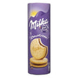 A 260g cylindrical pack of Milka Choco Creme Sandwich Biscuits, featuring European biscuits with chocolate filling on Milka’s signature purple background.