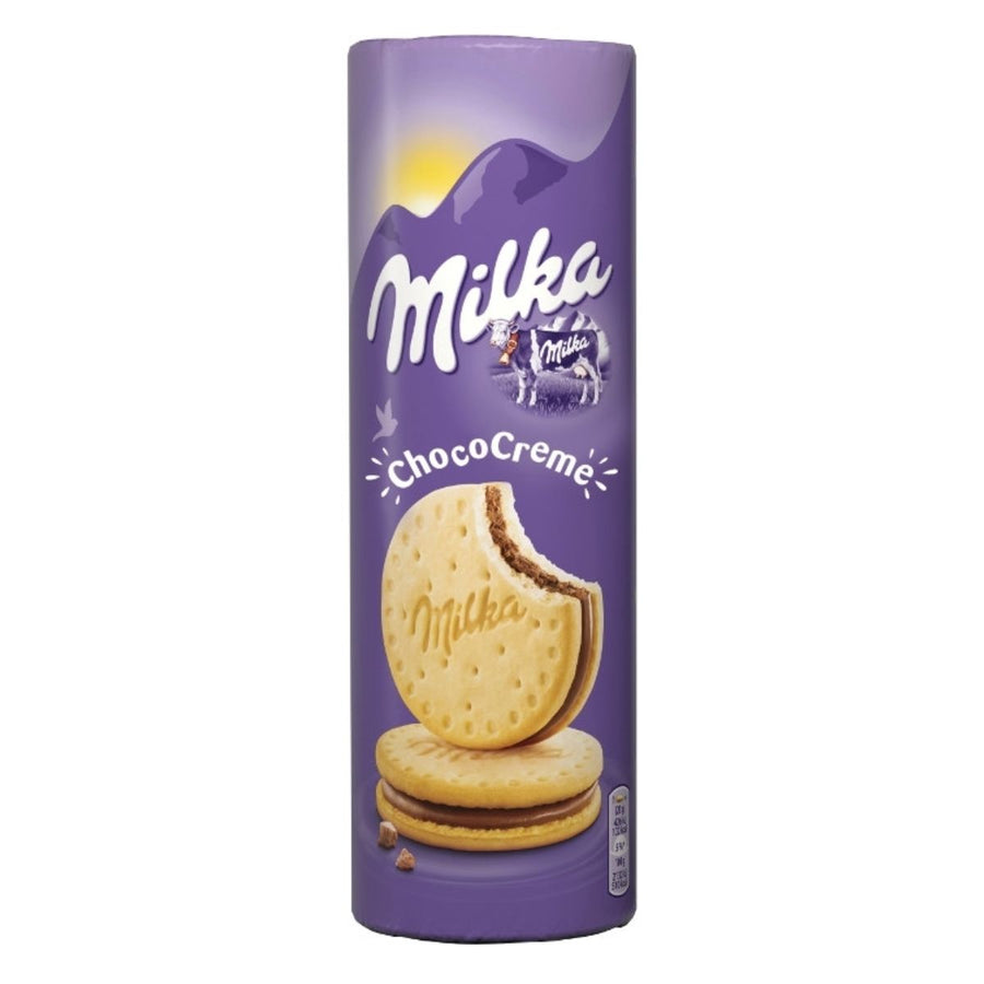 A 260g cylindrical pack of Milka Choco Creme Sandwich Biscuits, featuring European biscuits with chocolate filling on Milka’s signature purple background.