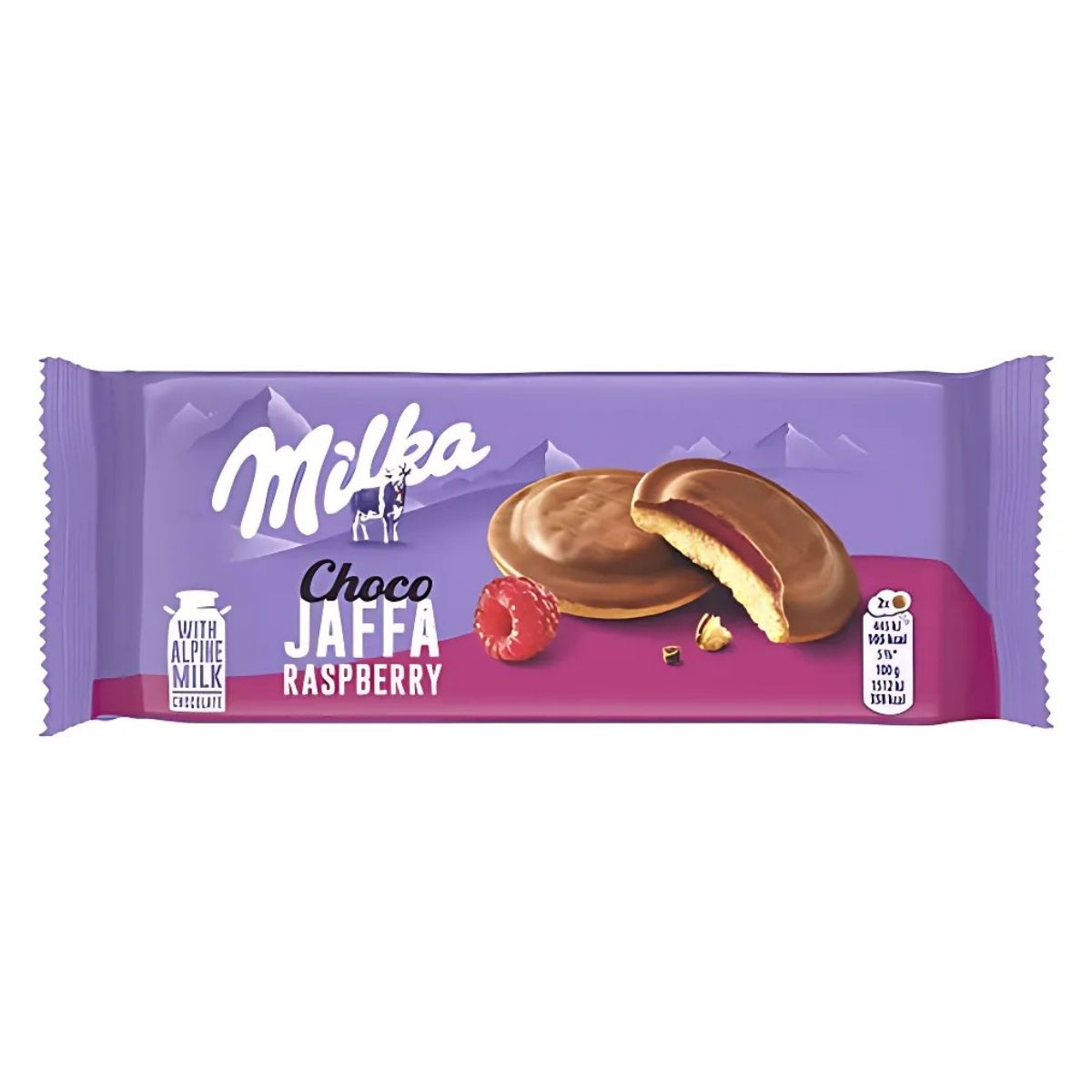 Milka - Choco Jaffa Raspberry Jelly 147g package featuring chocolate-covered sponge cake biscuits with raspberry jelly filling, a raspberry image, and product details, all set against Milka’s signature purple background.