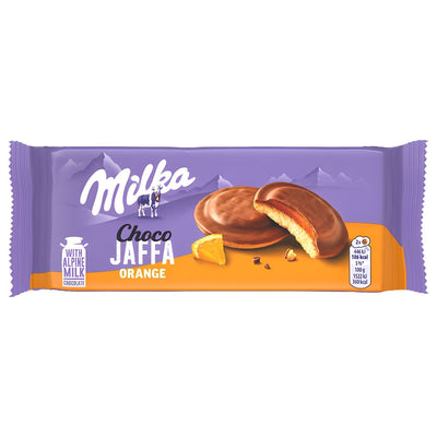 Milka - Choco Jaffa Orange (147g) by Milka features Alpine milk chocolate-covered biscuits with orange jelly, shown on the front of the package.