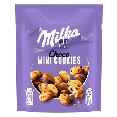 A 110g Milka Choco Mini Cookies package displays chocolate chip cookies with crunchy pieces and creamy Alpine milk chocolate.