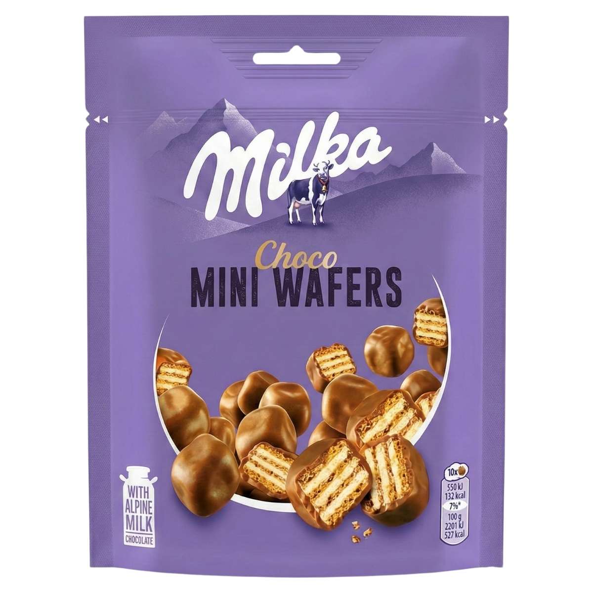 Purple package of Milka Choco Mini Wafers on a white background