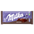 Milka - Chocolate Bar With Extra Cocoa (90g) comes in signature purple packaging, showing a cow, mountains, and chocolate pieces on the front to emphasize its rich cocoa content and classic Alpine milk chocolate taste.