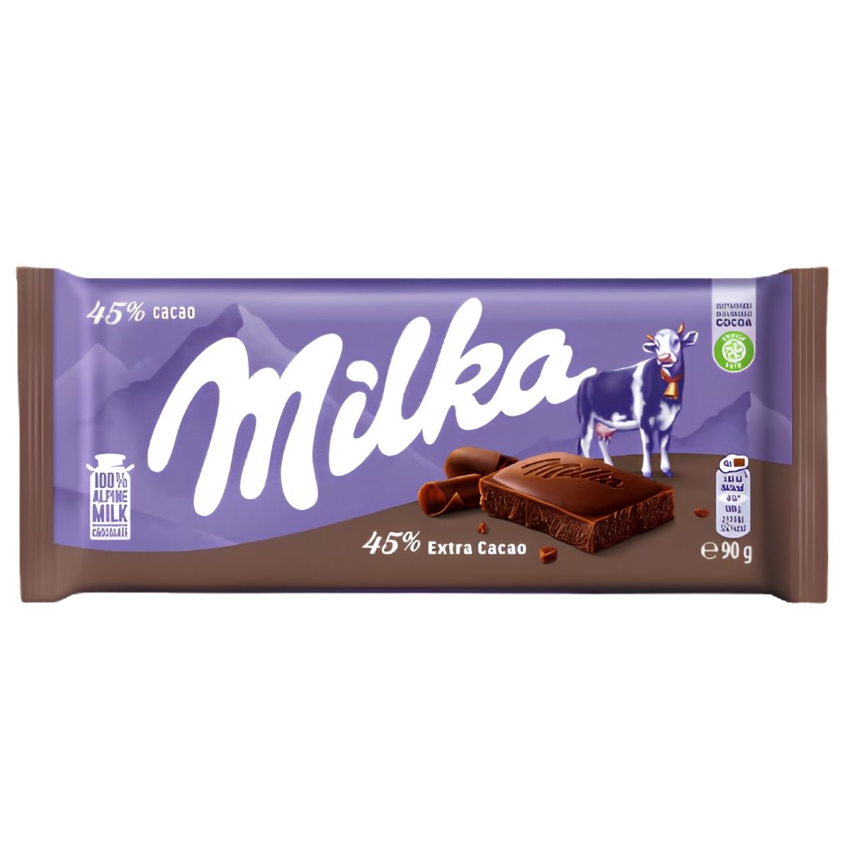 Milka chocolate bar packaging with a purple and brown design on a white background