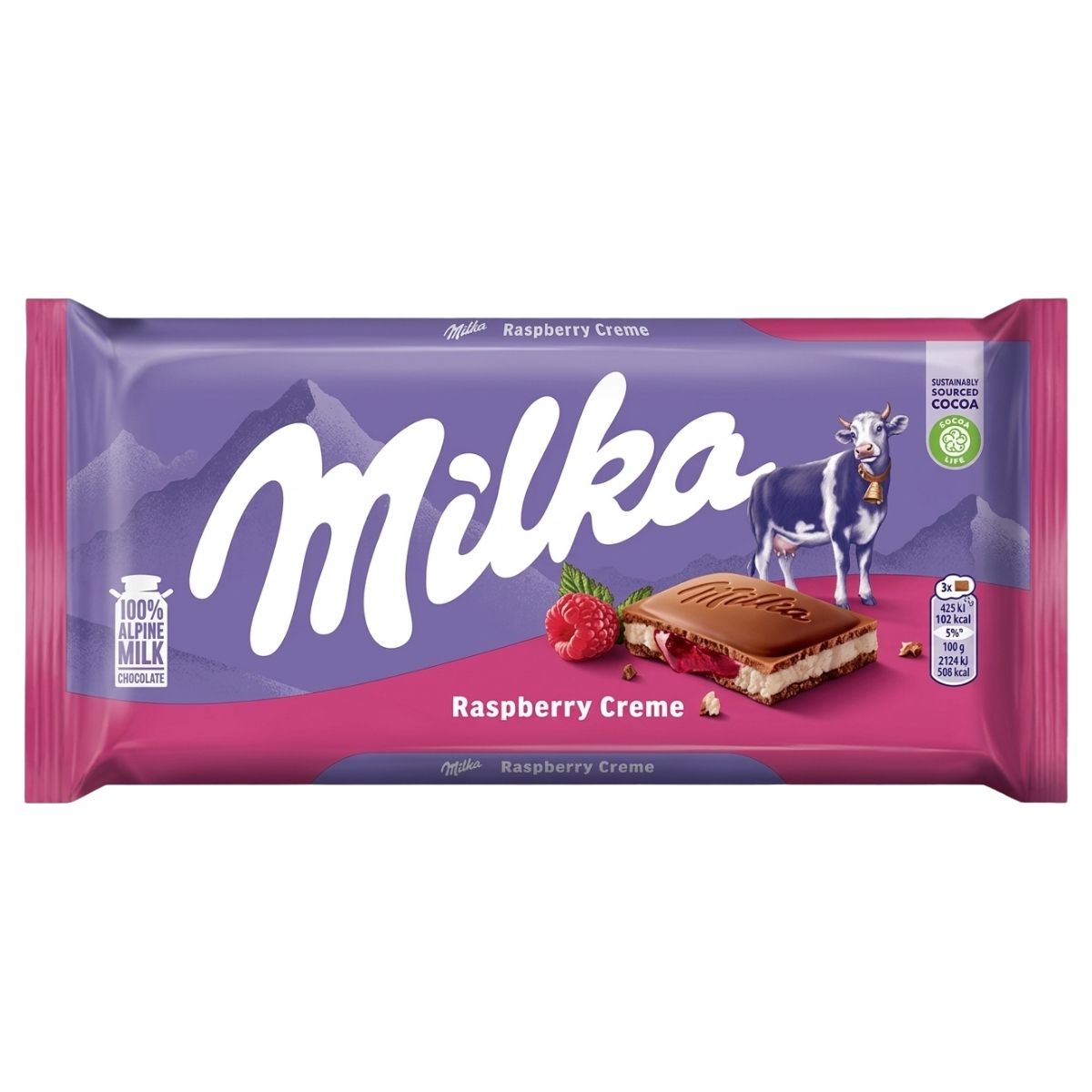 Milka Raspberry Creme chocolate bar packaging on a white background