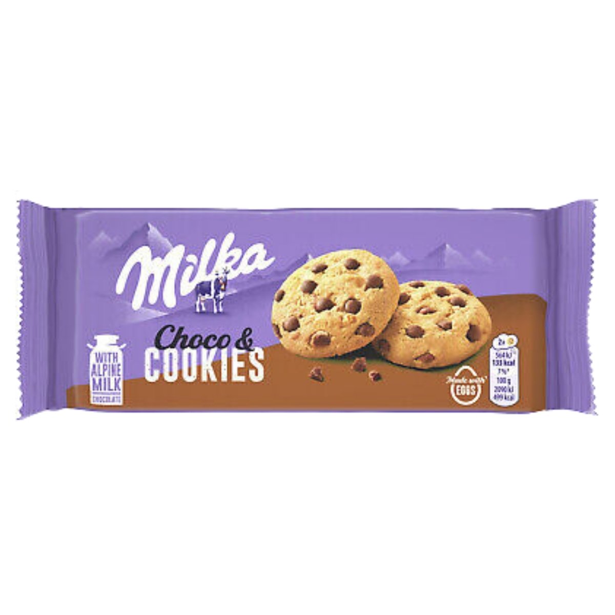 The Milka - Chocolate Cookies 135g pack displays two crunchy cookies on the front. Its purple and brown packaging features an Alpine milk graphic, emphasizing the creamy Milka chocolate inside.