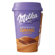 A purple 220ml cup labeled "Milka - Chocolate Milk Caramel Flavour Drink" features a chocolate piece and has a small spoon attached, highlighting its rich caramel flavour and premium ingredients.