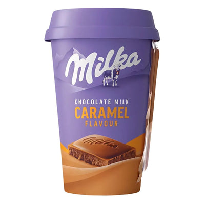 A purple 220ml cup labeled "Milka - Chocolate Milk Caramel Flavour Drink" features a chocolate piece and has a small spoon attached, highlighting its rich caramel flavour and premium ingredients.