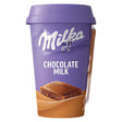 A 220ml Milka Chocolate Milk Drink cup, purple with a lid, features a chocolate piece, cow logo, and classic Milk Chocolate taste on the front.