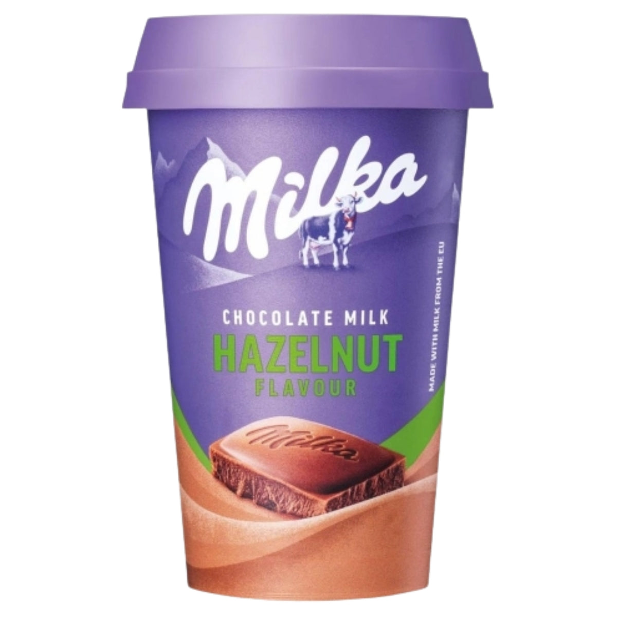 A Milka Chocolate Milk Hazelnut Flavour cup with a purple lid and purple label, featuring a chocolate milk bar graphic on a white background.