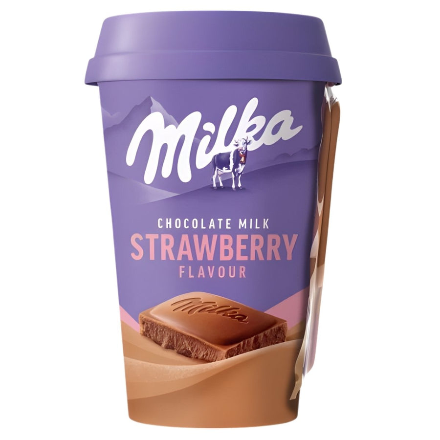 The Milka Chocolate Milk Strawberry Flavour Drink (220ml) features a purple cup with a chocolate piece image—perfect for enjoying the smooth taste of Milka chocolate milk with sweet strawberry flavour.