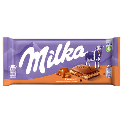 Milka - Chocolate With Caramel Flavour (100g) features smooth Alpine milk chocolate and rich caramel, in purple packaging with a cow illustration and product details on the front.