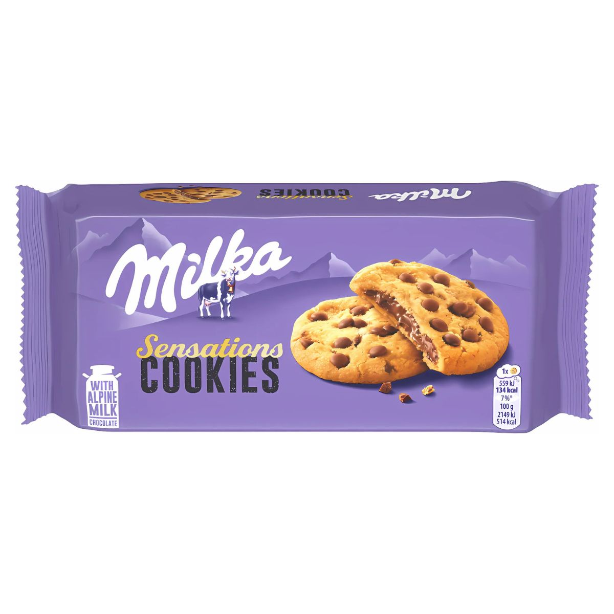 A purple pack of Milka Sensations Cookies with Soft Chocolate Filling (156g) features chocolate chip cookies, rich Alpine milk chocolate filling, and a mountain backdrop.