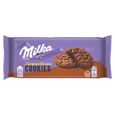 Milka - Chocolate Cookies Sensations with Soft Chocolate Filling (156g) features two tempting cookies and highlights Milka's premium chocolate in a branded purple and brown wrapper.