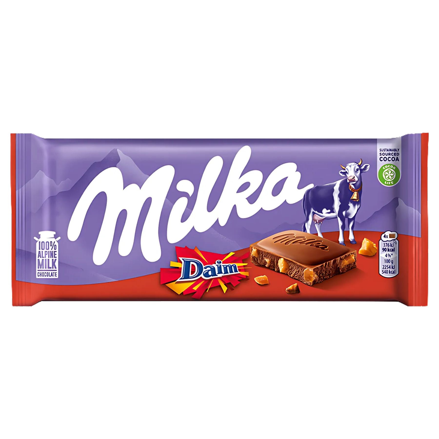 Milka Daim chocolate bar packaging on a white background