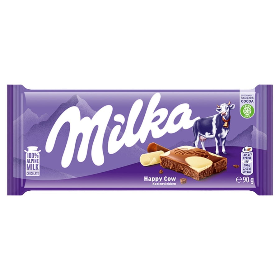 Milka Happy Cow Chocolate Bar (90g) features a large Milka logo, an illustrated cow, and pieces of Alpine milk and white chocolate on a purple background.