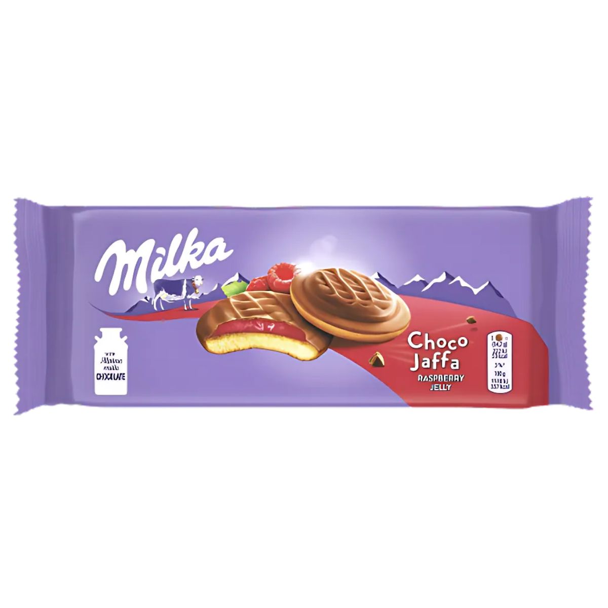 A 147g package of Milka Jaffa Raspberry Jelly biscuits, showcasing an image of the biscuits alongside a cow illustration on a purple backdrop with mountain motifs.