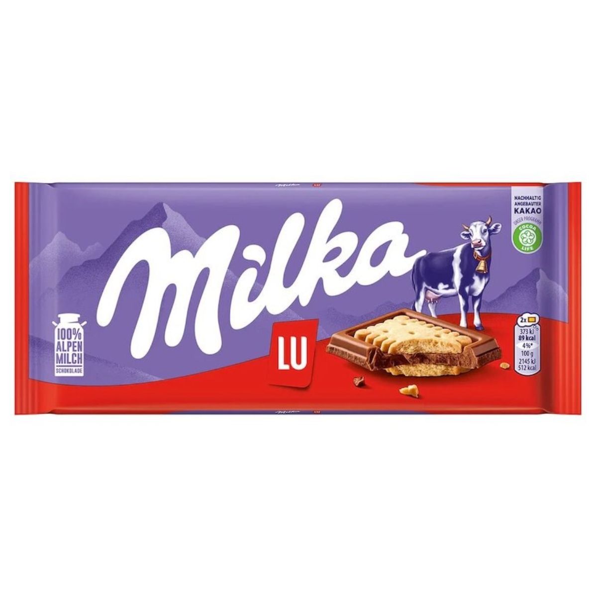 The Milka - LU Chocolate Biscuit Bar - 87g packaging showcases a purple background adorned with images of a cow and a biscuit, with branding and text highlighting its Alpenmilch and cocoa content.