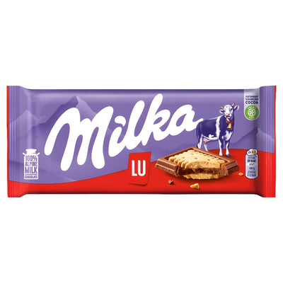 The Milka - LU Chocolate Biscuit Bar 87g packaging displays a purple background, the Milka logo, a cow image, and Alpine milk chocolate with biscuit pieces.