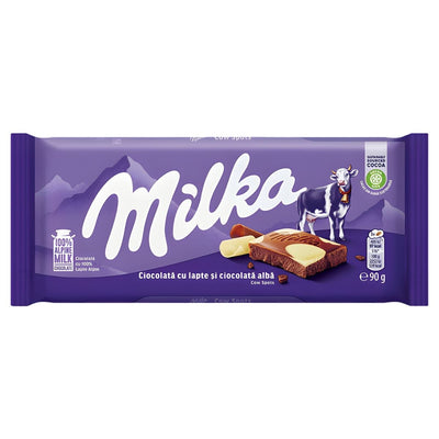 Milka - Milk & White Chocolate Bar (90g) by Milka; packaging shows a cow, mountains, Alpine milk and white chocolate squares; Romanian text.